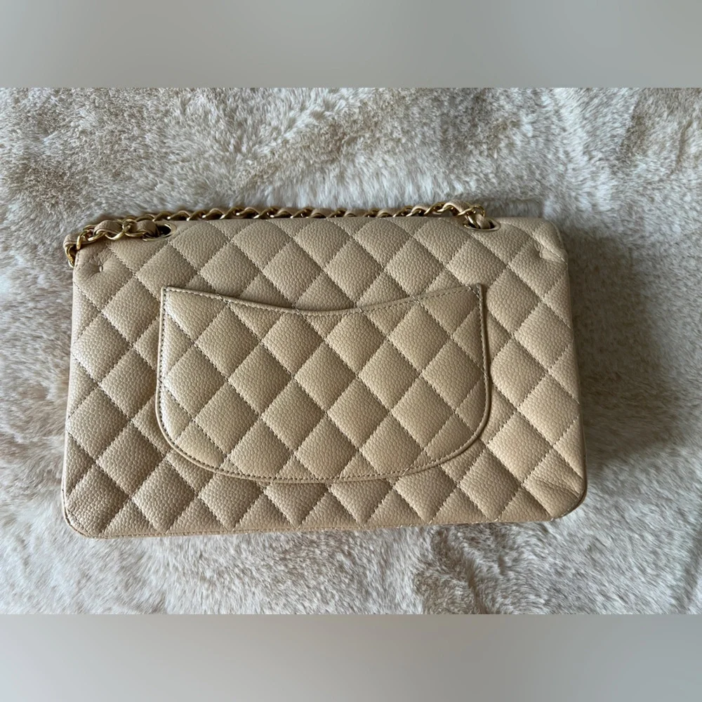 CHANEL Caviar Quilted Medium Double Flap Beige with golden hardware